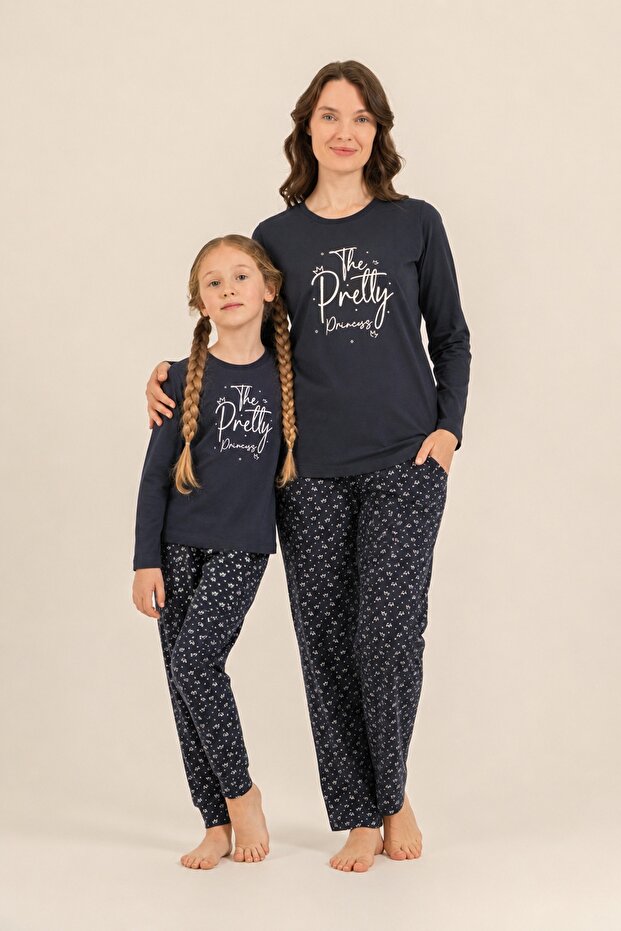 Mother & Daughter Long Sleeve Navy Blue Pajama Set, 100% Cotton, Mother and Child Pajamas Sold Separately (Socks Included)