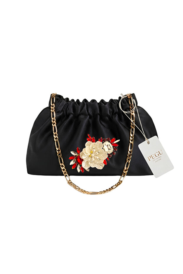 Black Satin Royale Series Handmade Custom Design Drawstrap Bag with Chain Handle, for Evening Dresses, Weddings, Engagements, Celebrations, Events, Casual Use.. 52