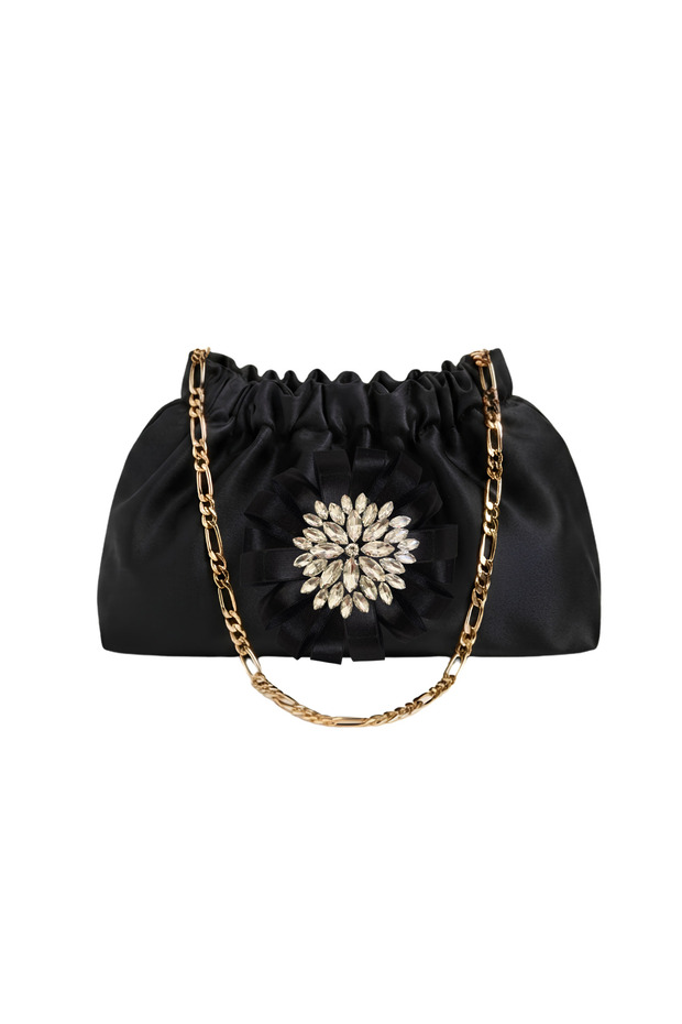 Black Satin Royale Series Handmade Custom Design Drawstring Bag with Chain Handle, for Evening Dresses, Weddings, Engagements, Celebrations, Events, Casual Use.. 57
