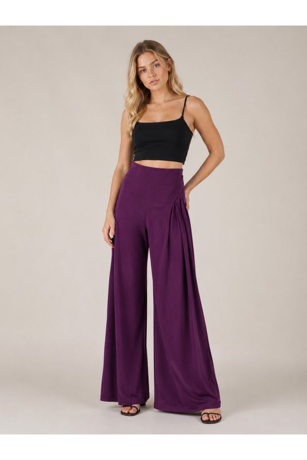 Women's Black High Waist Closed Slit Detailed Modal Fabric Palazzo Trousers