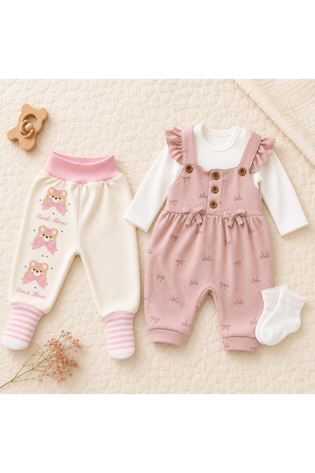 Kiz Baby Girl's Self-Stocking Bottoms and Kiz 3-Piece Jumpsuit Set Combination Set Cotton