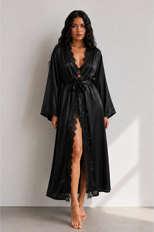 Spanish Style Long Satin Dressing Gown with Sleeves and Lace Collar