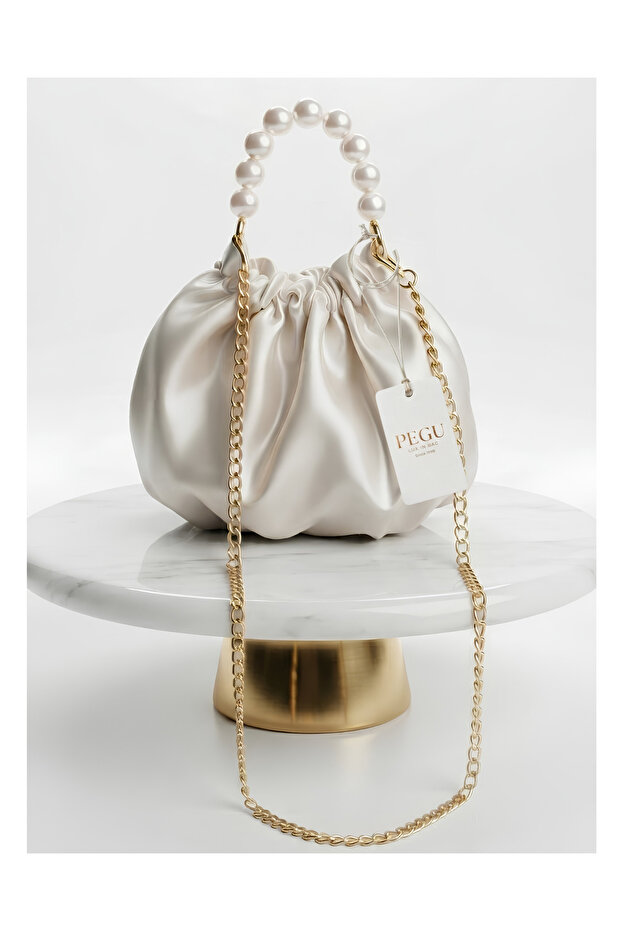 Royale Series Pearl Handle and Chain Strap Pull-Strap Rose Patterned Handmade Luxury Bag, Wedding, Evening Dress, Engagement, Celebration, Daily Use.