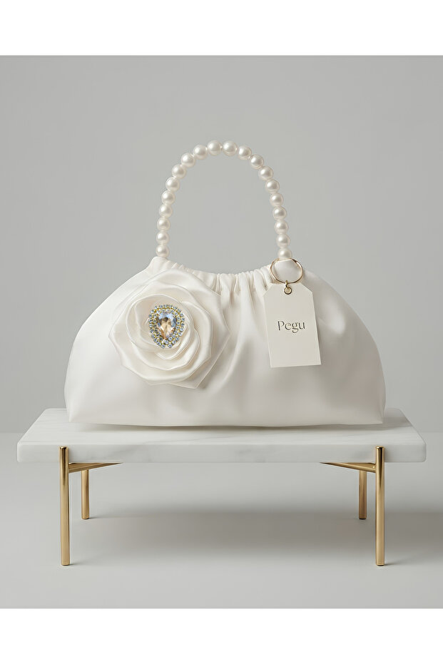Royale Series Pearl Handle, Ruffled Rose Patterned, Handmade Luxury Bag, Wedding, Evening Dress, Engagement, Celebration, Daily Use ..15