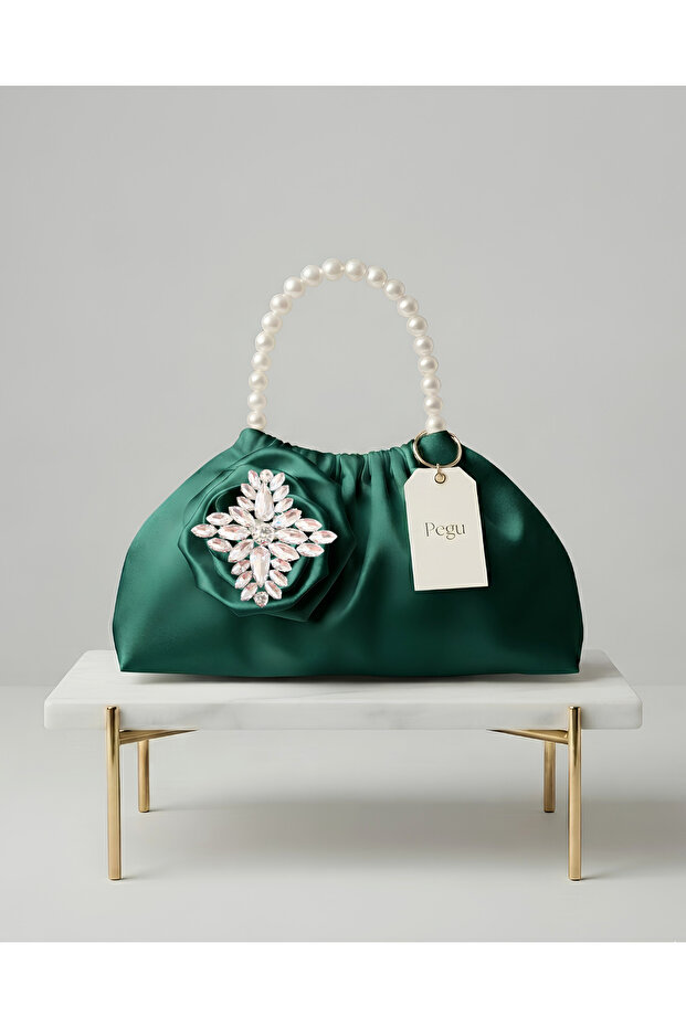 Royale Series Emerald Green Pearl Handle, Ruffled Rose Patterned Handmade Luxury Bag, Wedding, Evening Dress, Engagement, Celebration, Daily Use.