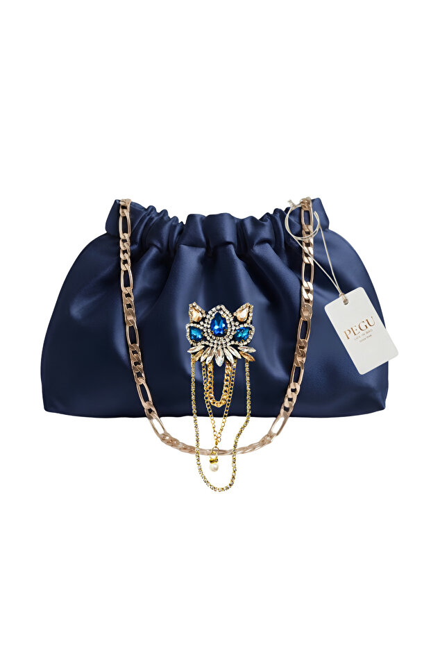 Dark Blue Satin Royale Series Handmade Custom Design Drawstrap Bag with Chain Handle, for Evening Dress, Wedding, Engagement, Celebration, Event, Daily Use.. 32