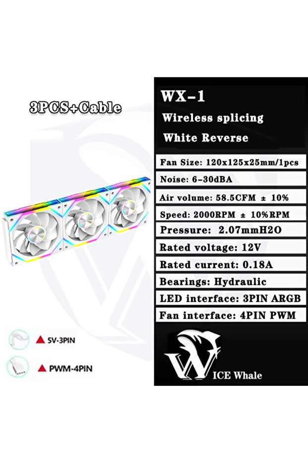 مروحة تبريد علبة الكمبيوتر A-RGB Other White Reverse 3PCS ICE Whale WX-1 Wire-Splicing PC Case Cooling Fan ARGB Mirror Cycle Li