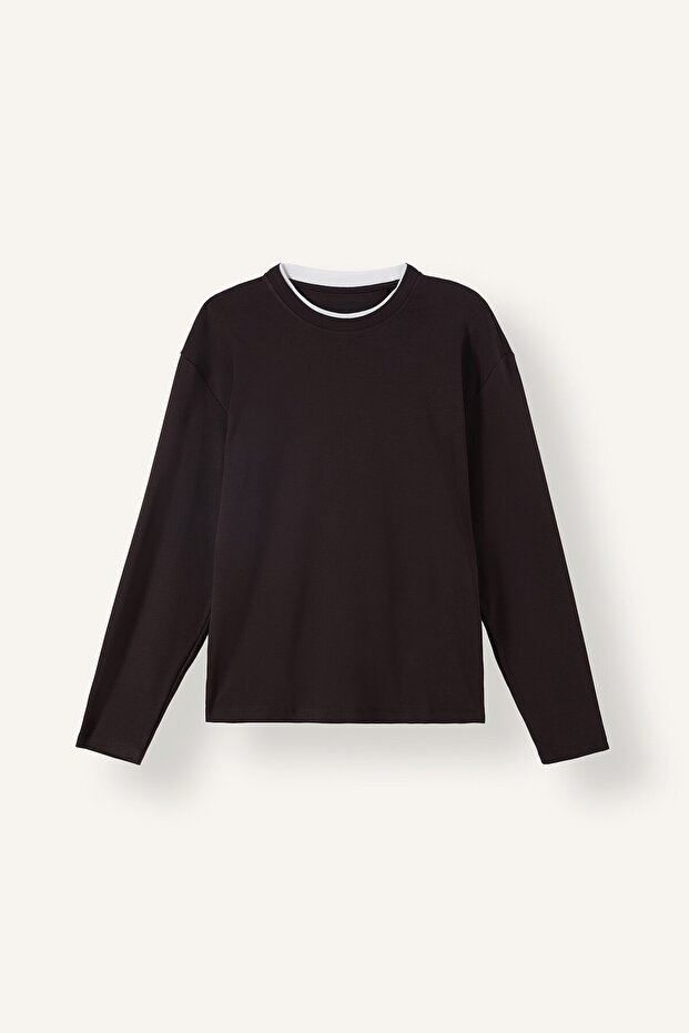 100% Cotton Regular Fit Crew Neck Contrast Detailed Long Sleeve Basic T-Shirt H8358Ax26Au