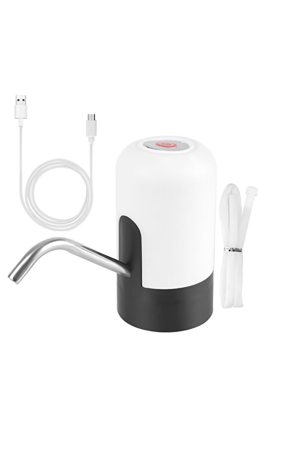 موزع مياه أوتوماتيكي أبيض وأسود مع ضوء LED أزرق، قابل لإعادة الشحن عبر منفذ USB، يعمل بمضخة مياه برميلية