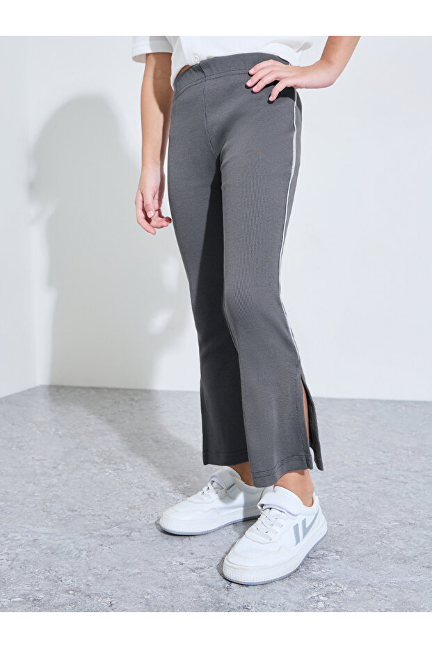 Girls Grey Ribbed Leggings with Side Stripe and Slit