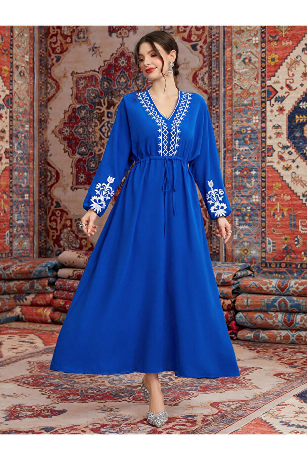 Acid Blue Embroidered Tie -Up Detail A-Line Maxi Dress