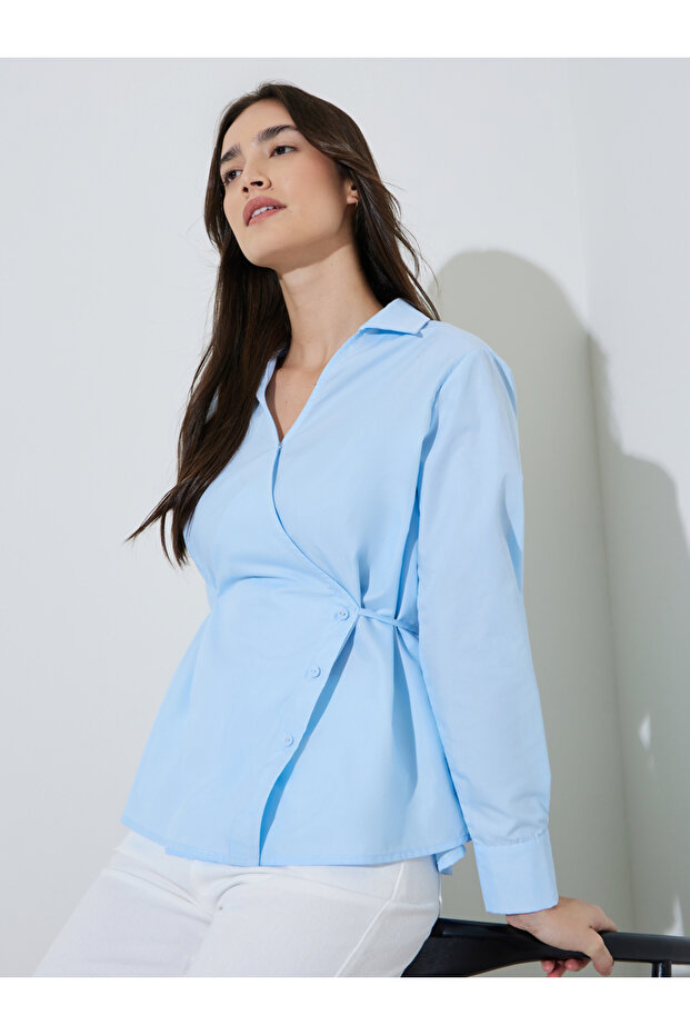 Light Blue Solid Tie-Up Waist Collared Peplum Blouse
