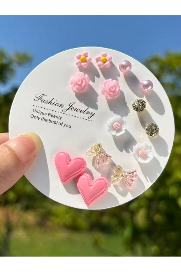 Set of 7 - Heart and Flower Stud Earrings