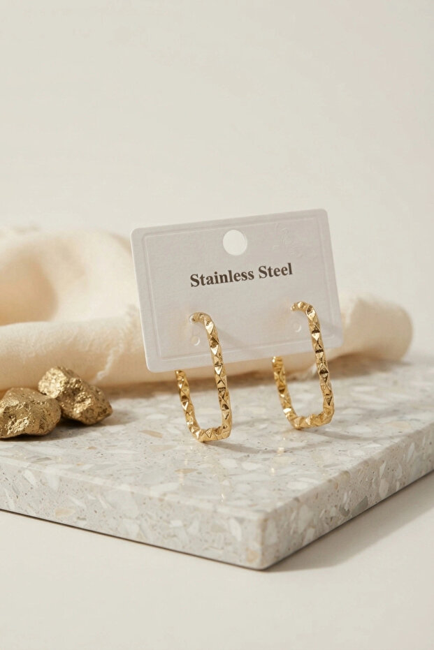 316L Steel Gold Color Serrated Rectangular Hoop Model Earrings