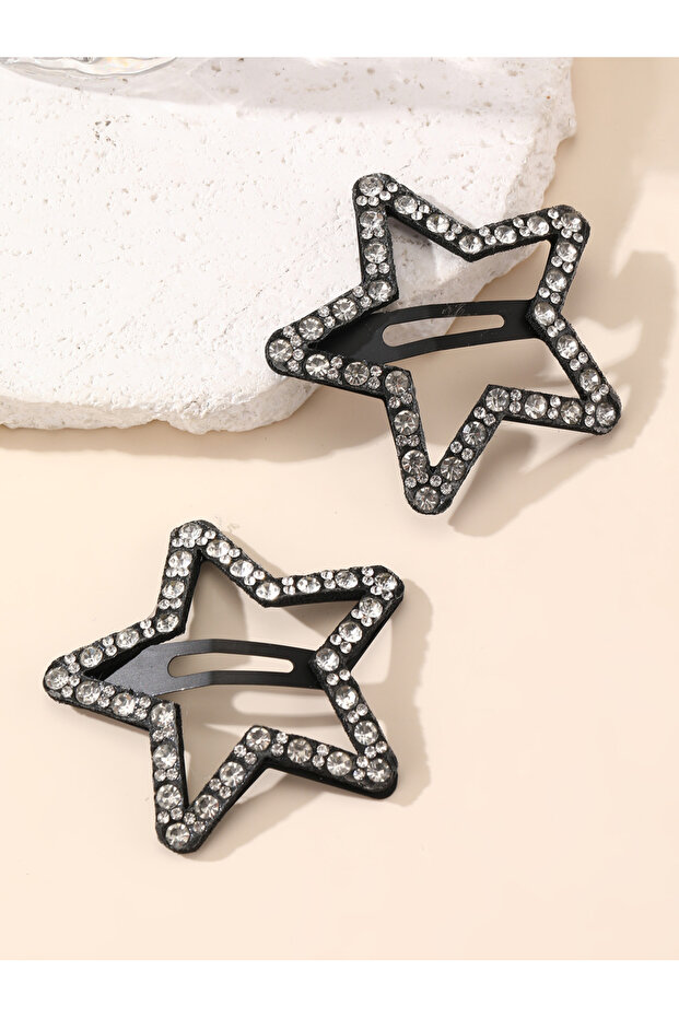 Pack of 2 - Black Rhinestone Embellished Star Hair Clips