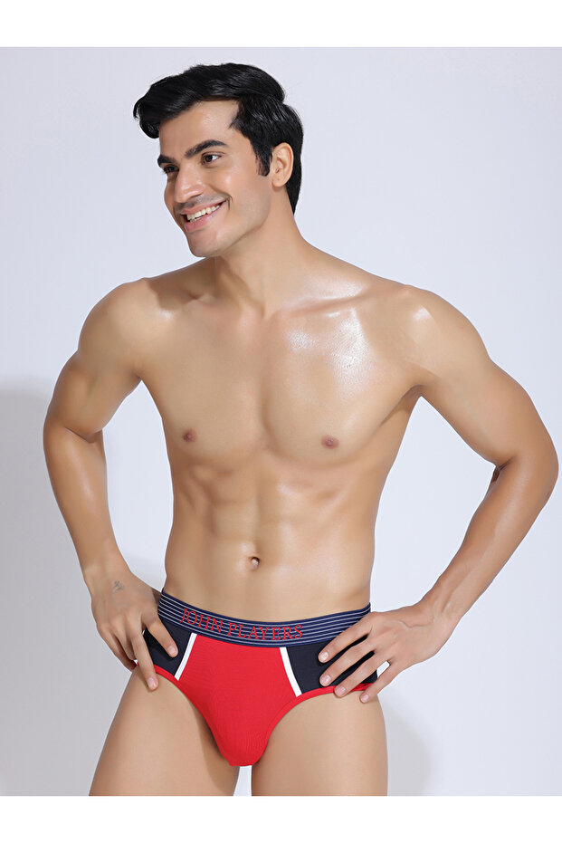 Navy Blue and Red Athletic Briefs with Logo Print waistband