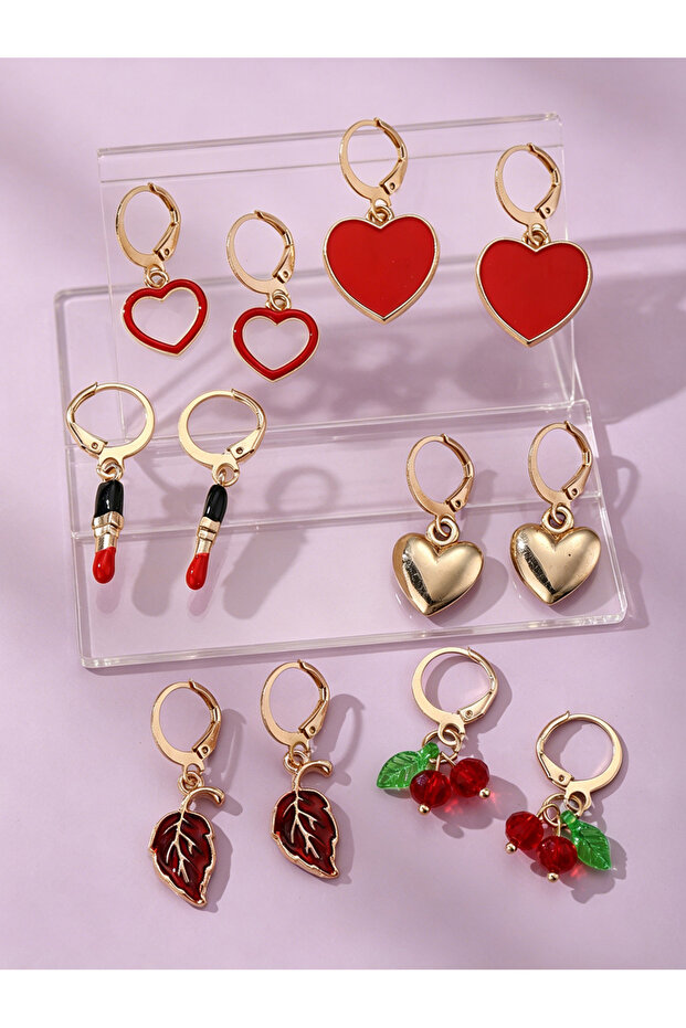 Girls Set of 6 -Heart and Cherry Charm Dangle Earrings