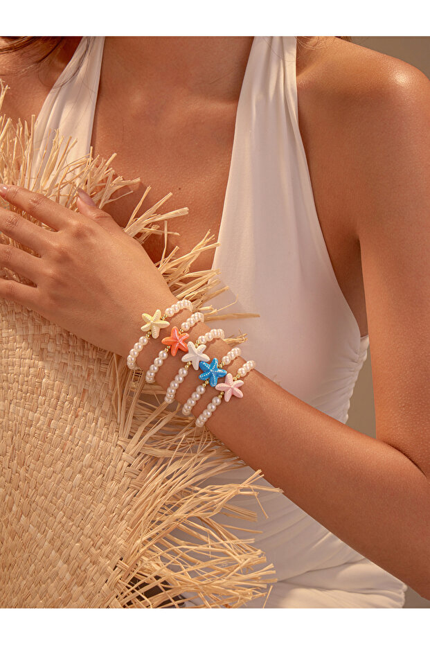 Pack of 5 - Multi-Color Starfish and Pearl Beaded Bracelets