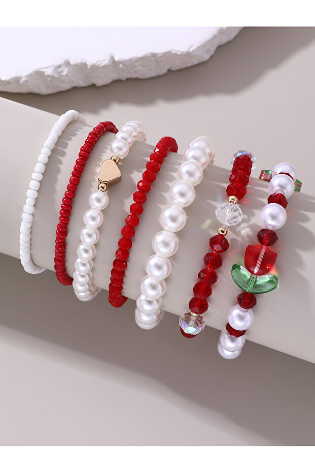 Pack of 7 - Red and White Flower Charm Beaded Bracelets