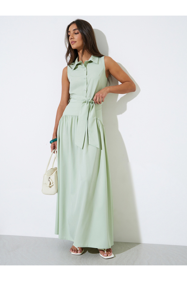 Green Solid Sleeveless Tie Top and Maxi Skirt Co-Ord Set