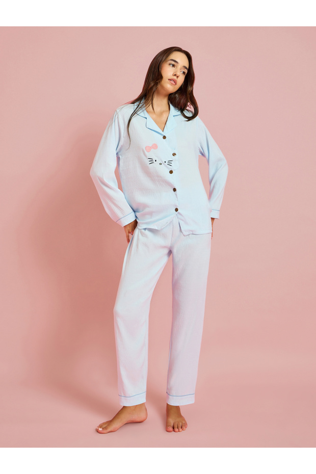 Blue Cat Graphic Shirt and Pyjama Set