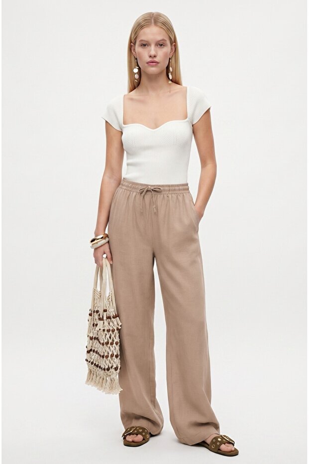 Women's Linen Comfynew Soft Beige Straight Cut Elastic Waist Trousers
