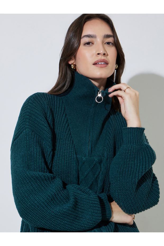 Dark Green Cable Knit Half-Zip Sweater