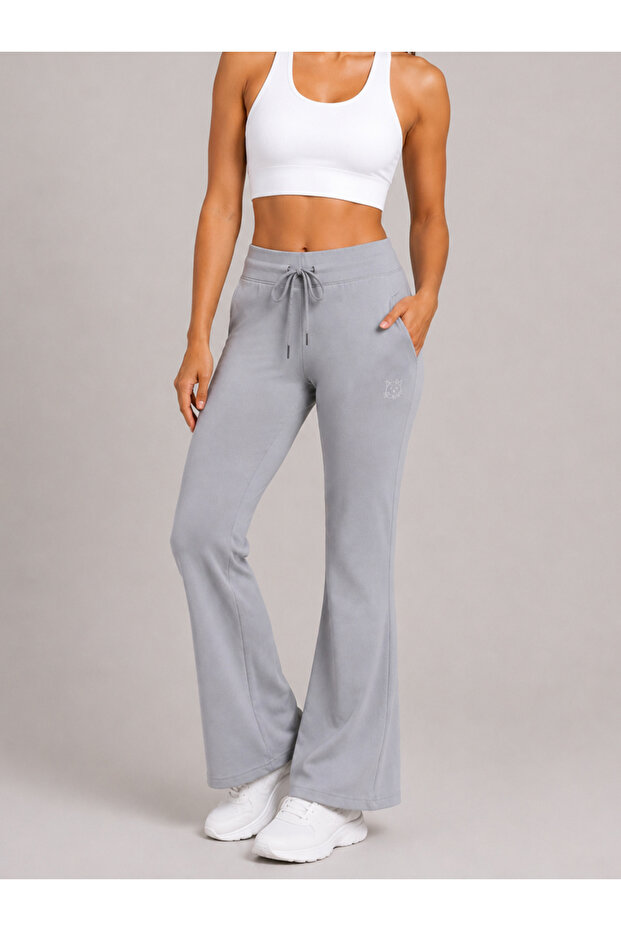 Grey Solid Flared Sweatpants with Drawstring Waist and Pockets
