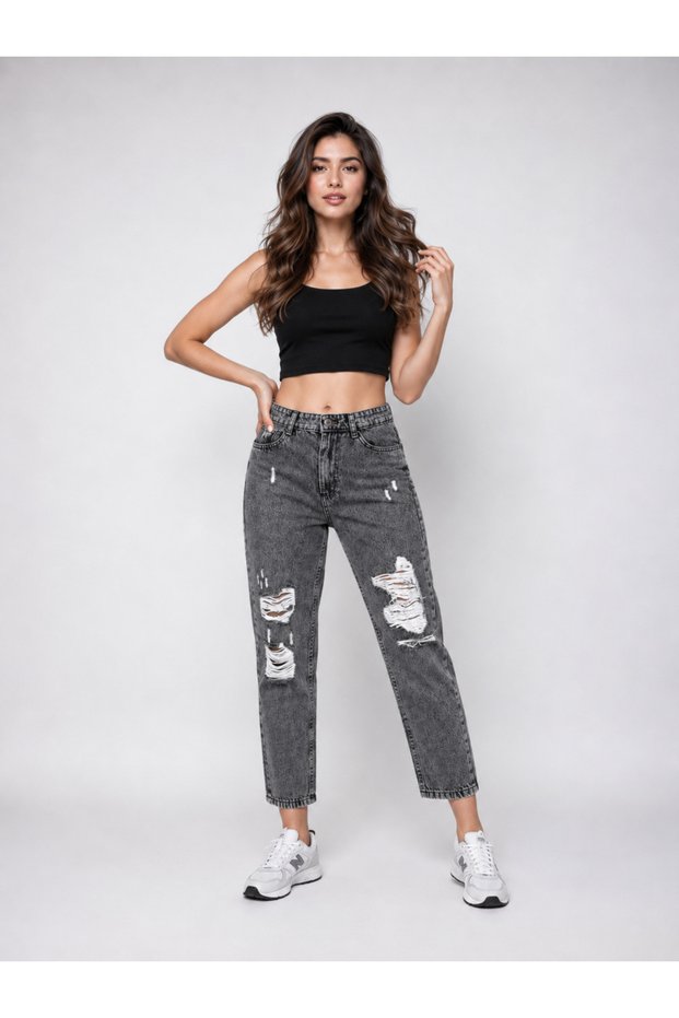 Kar Black High Waist Double Leg Knee Laser Ripped Mom Jeans Pants