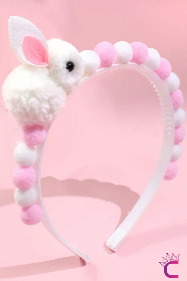 Cute Rabbit White Pink Pompom Girl's Crown - Serrated Non-Slip Daily Flexible Hair Band Buckle
