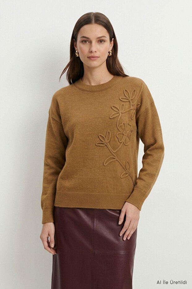 Çiçek Nakış Kazak 70056 Taba