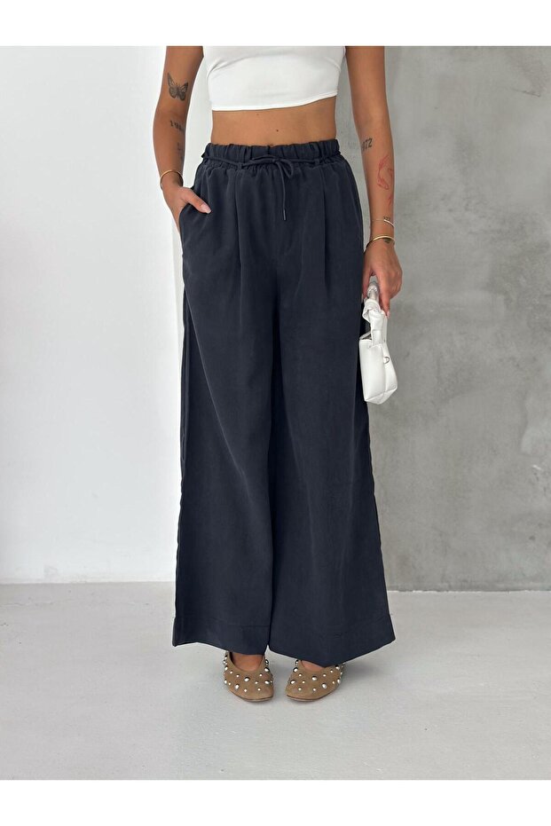 Gabardine Slim Belted Elastic Waist Trousers