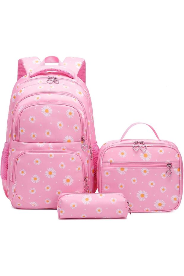 3Pcs Daisy Prints Backpack for Girls Bookbag set Primary School Daypack Elementary Students Knapsack with Lunch Box, M