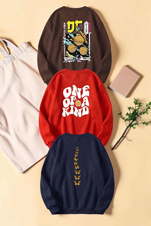 Unisex Mixed Printed Crew Neck Sweatshirt Set – Pack of 3