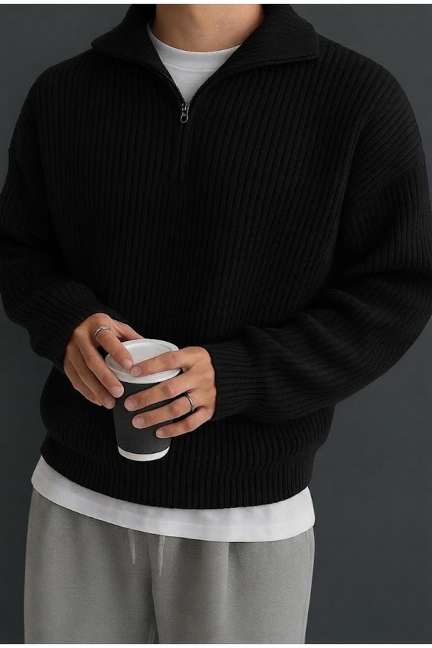 Men's Long Sleeve Owersize Stand Collar Thick Winter 100% Cotton Knitwear Sweater