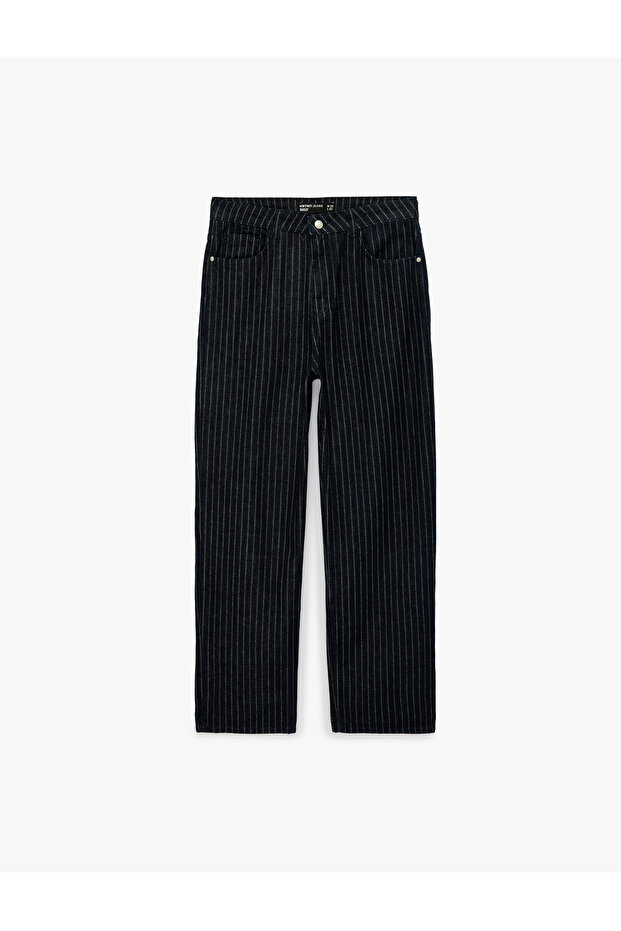 Cotton Relaxed Fit Pocketed Striped Baggy Jean Trousers
