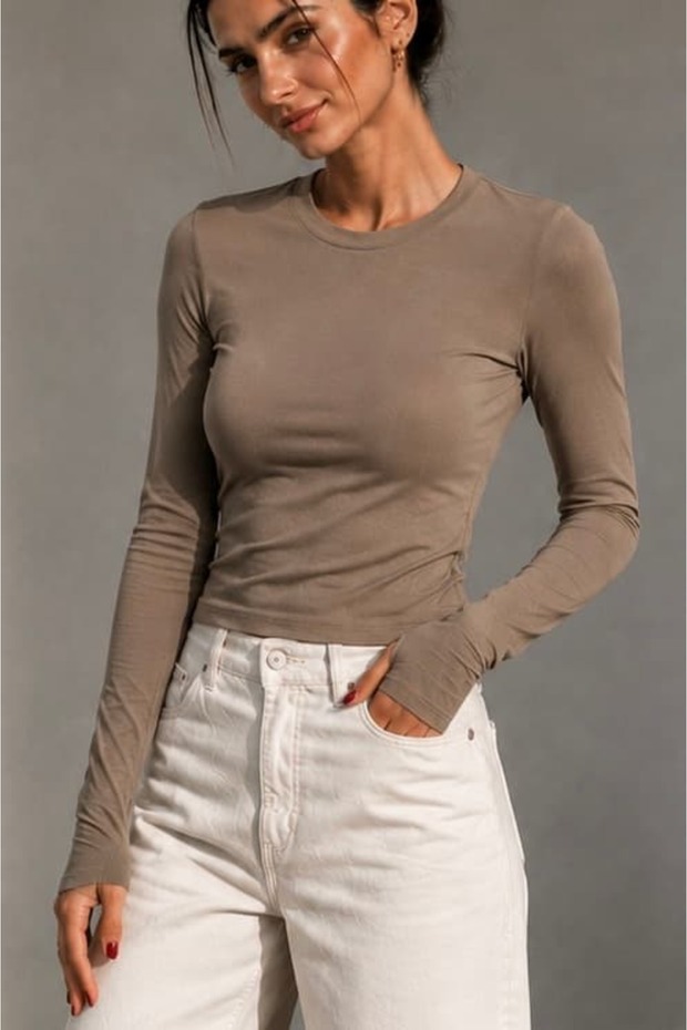 Soft Touch Finger-Loop Long Sleeve Basic Blouse St3439