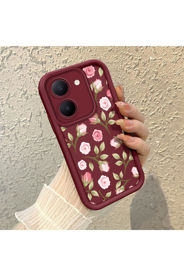 Vivo Y27 5G/Y27S Compatible Maroon Background Roses Flower Pattern Soft Silicone Shockproof Case