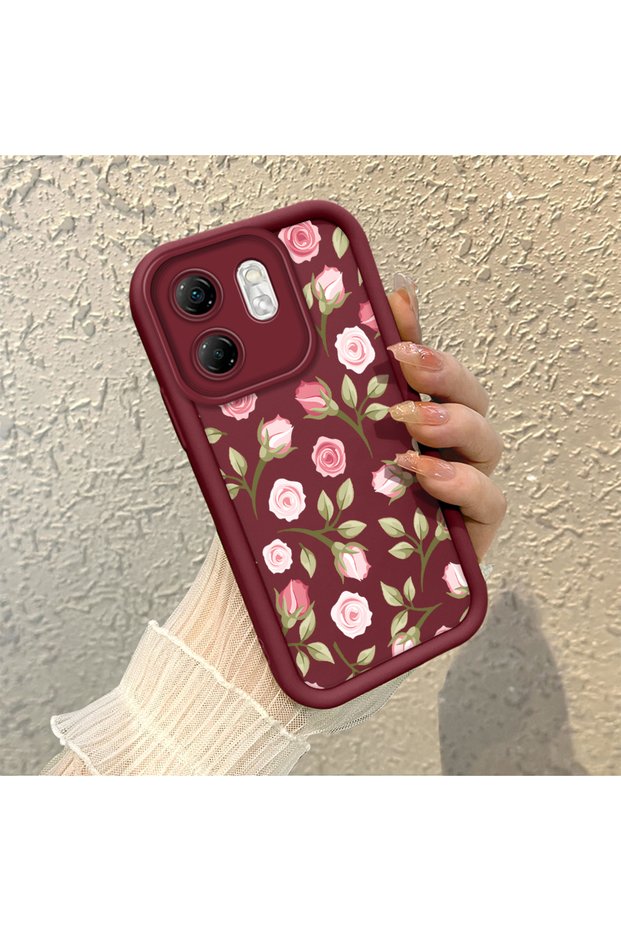 Infinix Hot 50I Compatible Burgundy Background Rose Flower Pattern Soft Silicone Shockproof Case