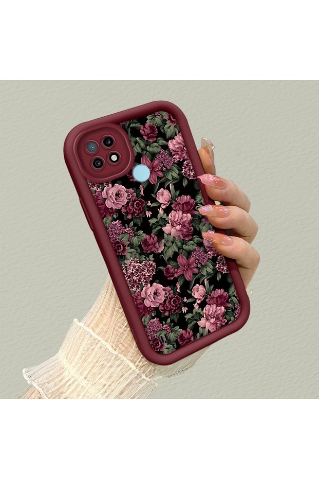 Realme C21 Compatible Stylish Burgundy Frame Nostalgic Peony Pattern Daily Use Protective Case