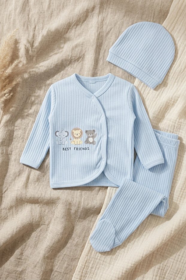 Best Friends Baby Blue Ribbed 3-Piece Set - Cotton Double-Breasted Cardigan, Pants with Booties and Beanie Set