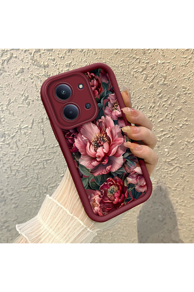 Redmi 15C 4G/5G Compatible Stylish Burgundy Frame Nostalgic Peony Pattern Daily Use Protective Case