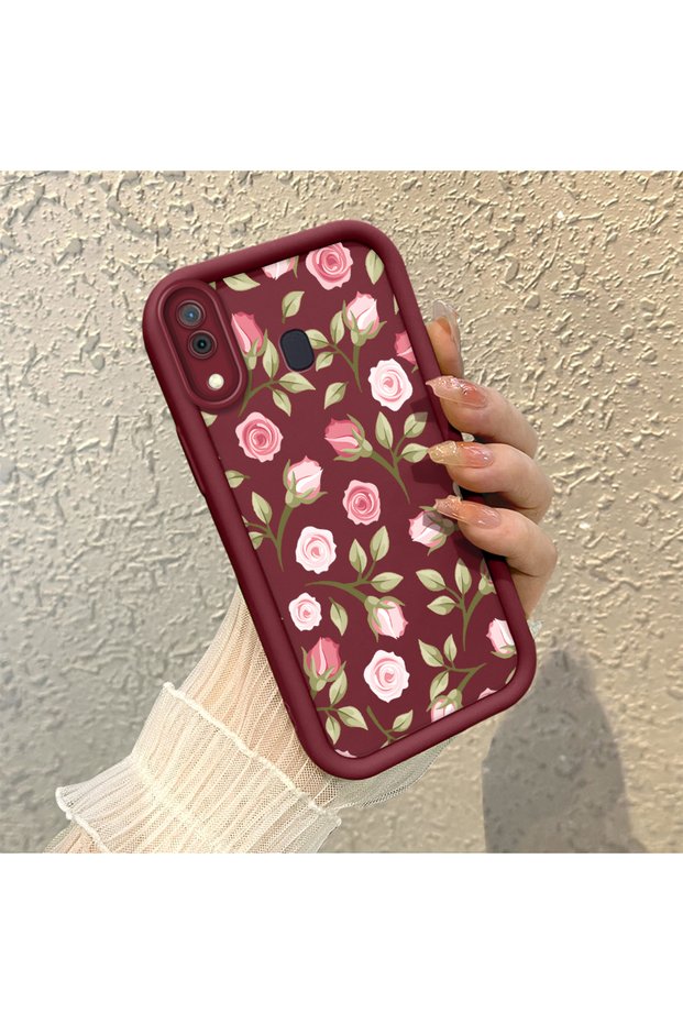 Samsung Galaxy A20/A30 Compatible Soft Silicone Case with Burgundy Background Rose Flower Pattern