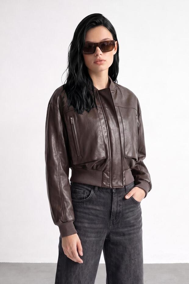 New Season Oversize Coated Pilot Light Brown Leather Jacket