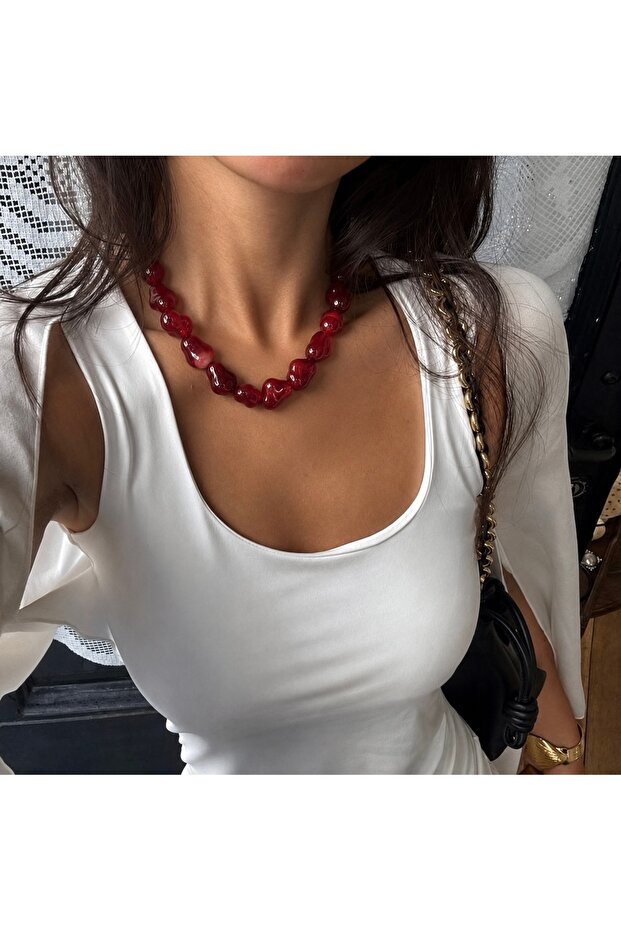 Cherry Wine Burgundy Red Organic Form Bead Necklace – Pinterest Statement Necklace