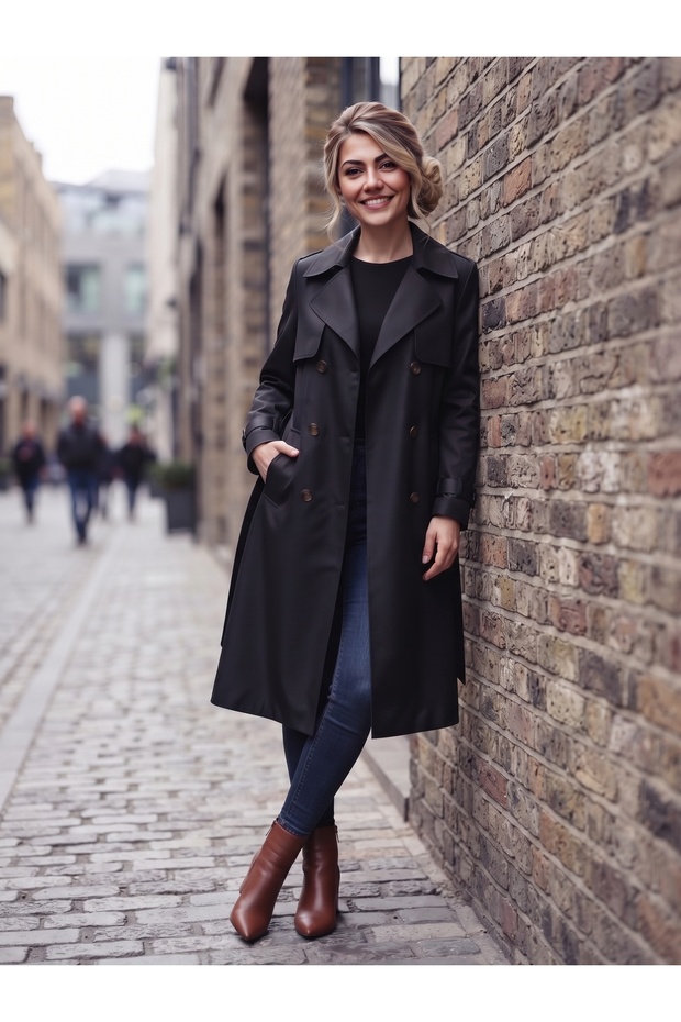 Women's Trendy Below Knee Bondik Water Repellent Fabric Lined Buttoned Belted Trench Coat Black