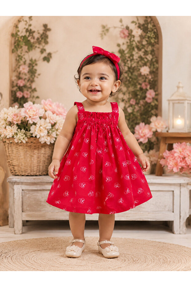 Cherry red printed sleeveless baby frock