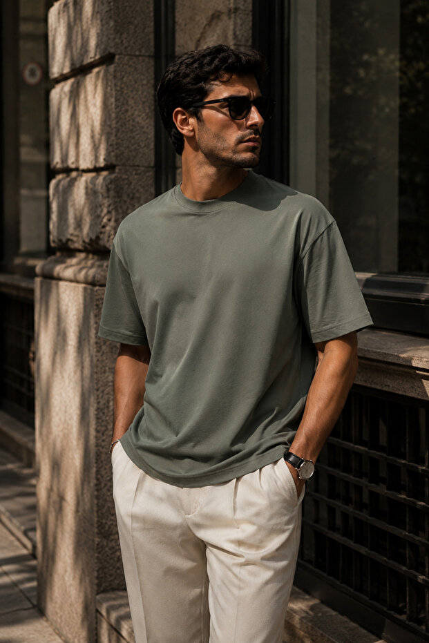 Men's Khaki Mercerized Interlock Fabric Oversize T-Shirt