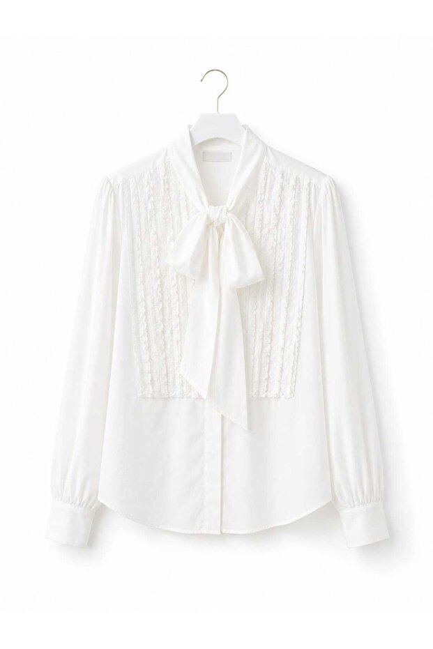 100% Cotton White Shirt with Collar Bow Detail