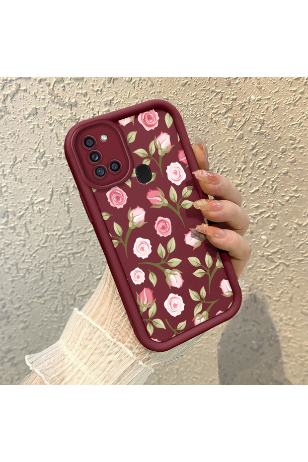 Samsung Galaxy A21S Compatible Burgundy Background Roses Flower Pattern Soft Silicone Shockproof Case